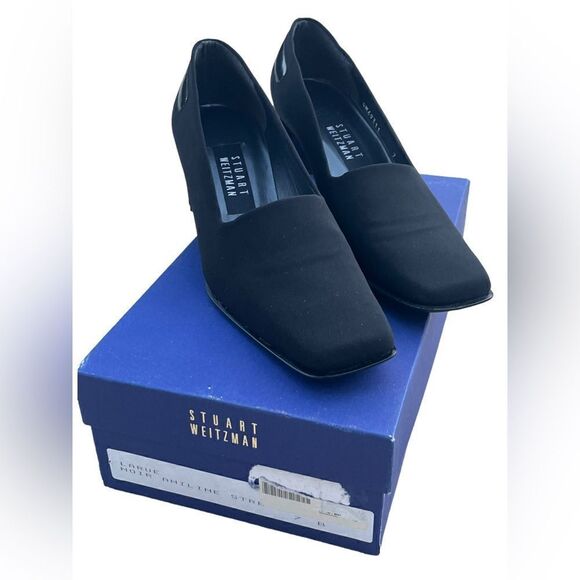 New Stuart Weitzman Square Toe Crepe 2.5" Rectangular Heel Made in Spain Size 7B - Picture 2 of 15